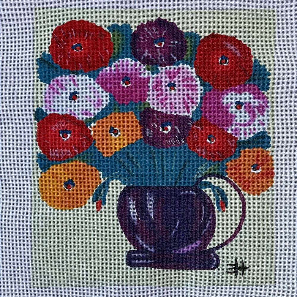 Clementine Hunter Handpainted Needlepoint Canvas Zinnias in Vase floral large
